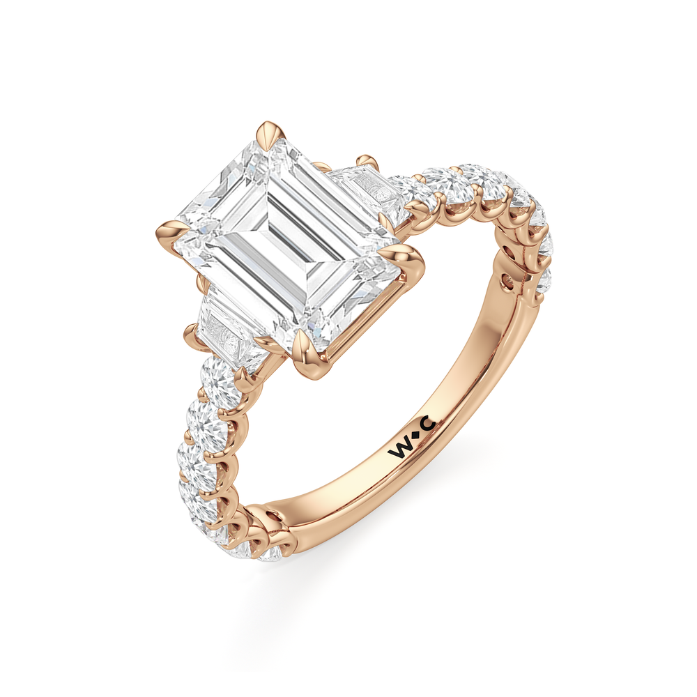 The Arc Three Stone Trapezoid Ring with Emerald Cut Diamond in 14KT Rose Gold view 4

