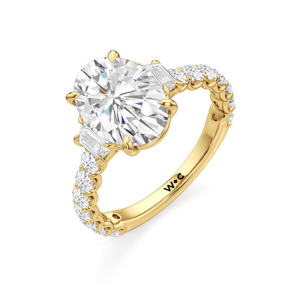 The Arc Three Stone Trapezoid Ring with Oval Cut Diamond in 14KT Yellow Gold view 5
