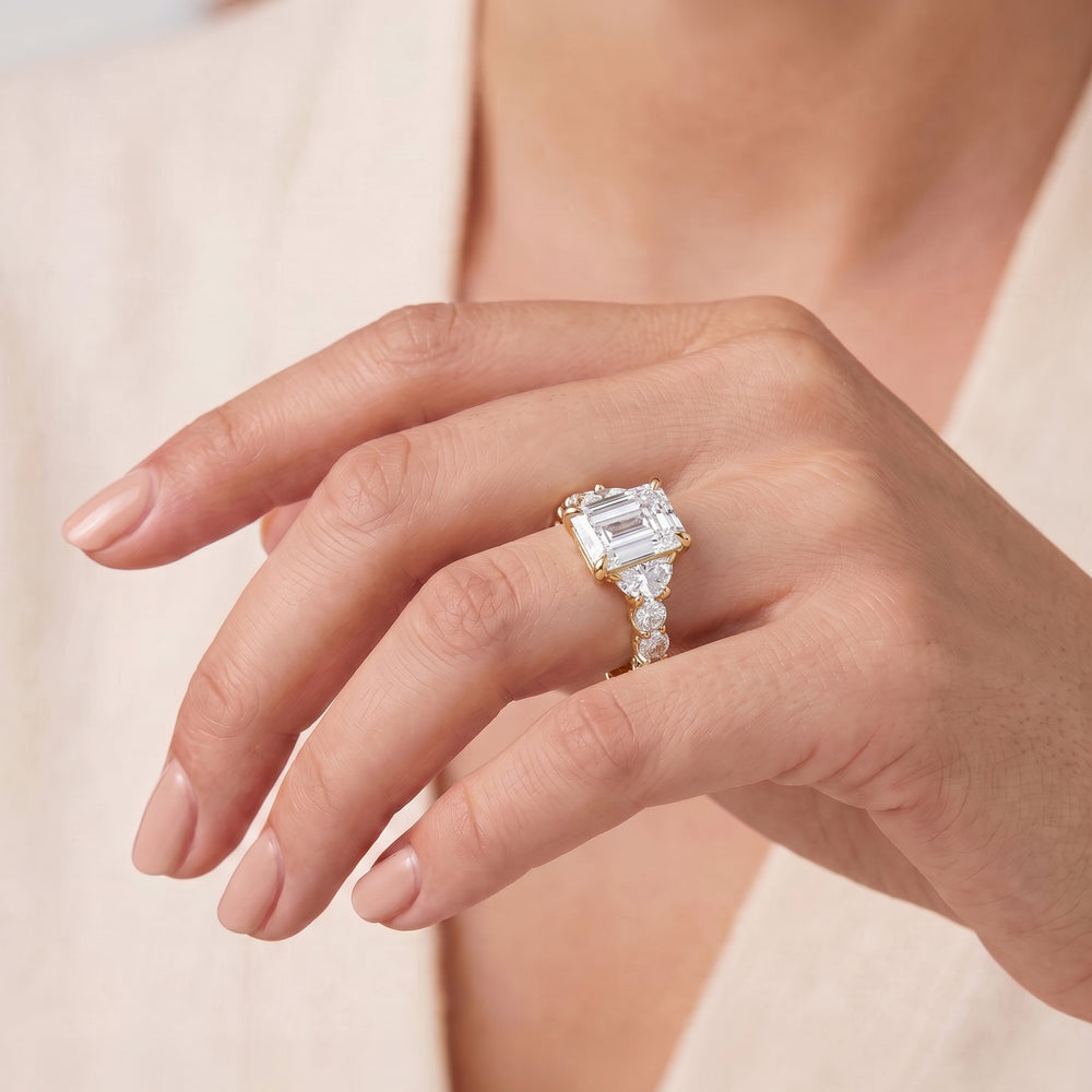 The Arc Three Stone Half Moon Ring with Emerald Cut Diamond in 14KT Platinum view 3
