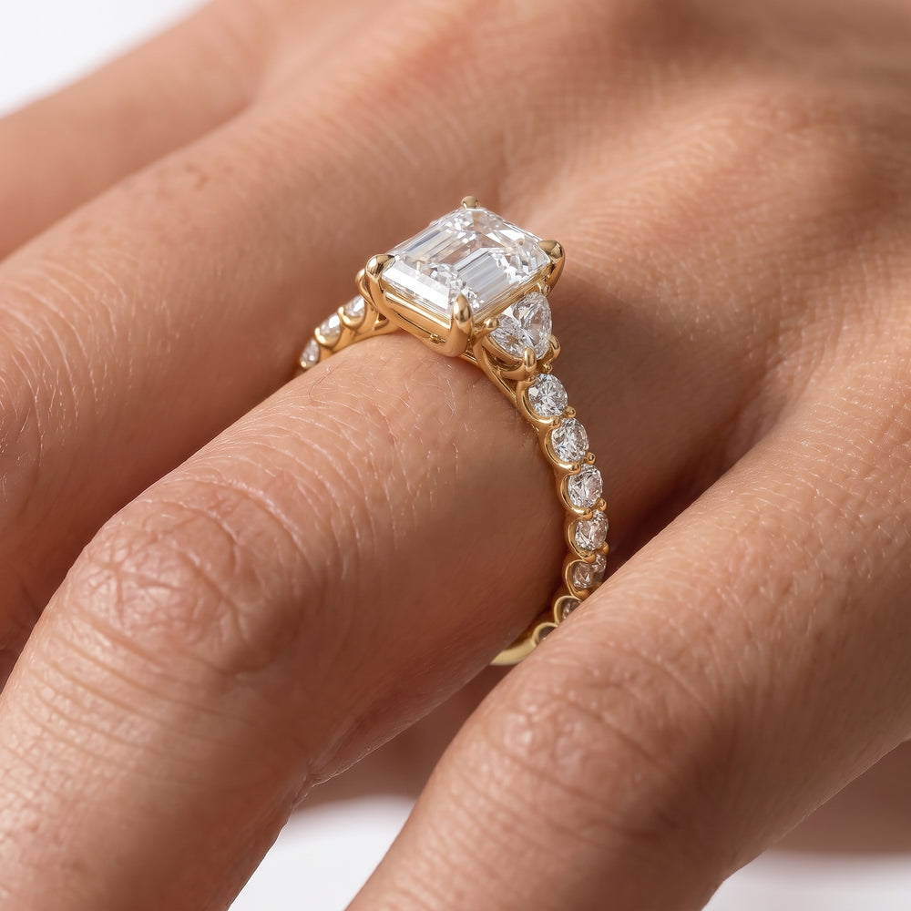 The Arc Three Stone Half Moon Ring with Emerald Cut Diamond in 14KT Platinum view 3
