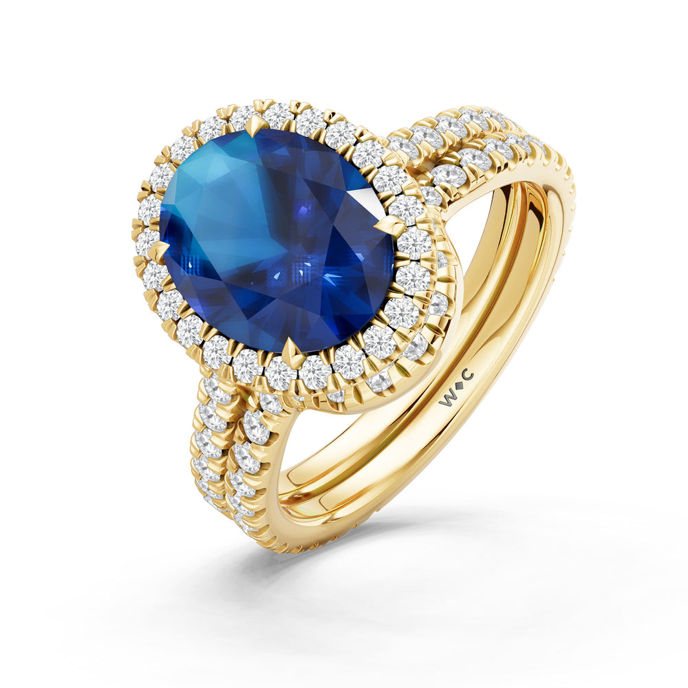 The Roselle Diamond Wedding Band with Created Blue Sapphire Cut Diamond in 14KT Yellow Gold view 3
