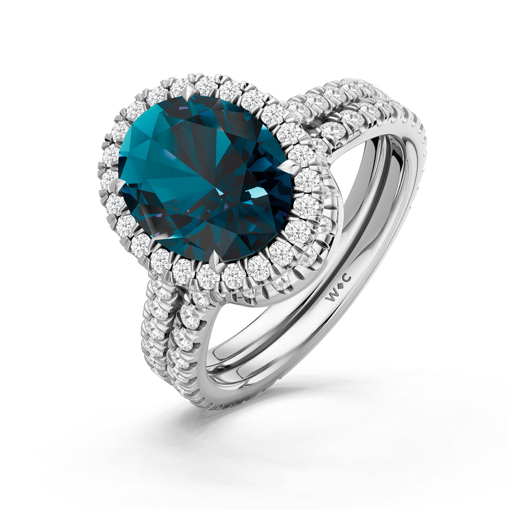 The Roselle Diamond Wedding Band with Created London Blue Topaz Cut Diamond in 14KT Platinum view 3
