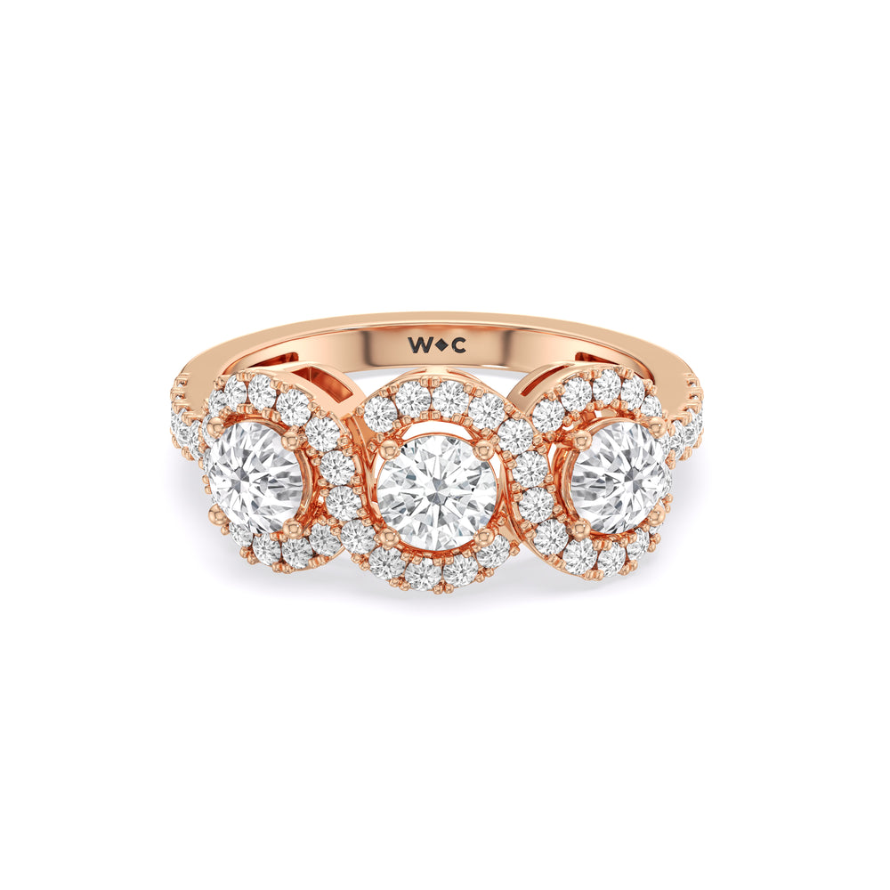 Three Stone Crossover Diamond Halo Ring with 14KT Rose Gold / Lab / 1 1/8 Cut Diamond in 14KT Rose Gold / Lab / 1 1/8 view 1
