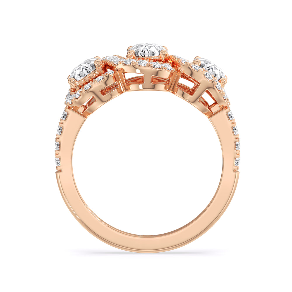 Three Stone Crossover Diamond Halo Ring with 14KT Rose Gold / Lab / 1 1/8 Cut Diamond in 14KT Rose Gold / Lab / 1 1/8 view 2
