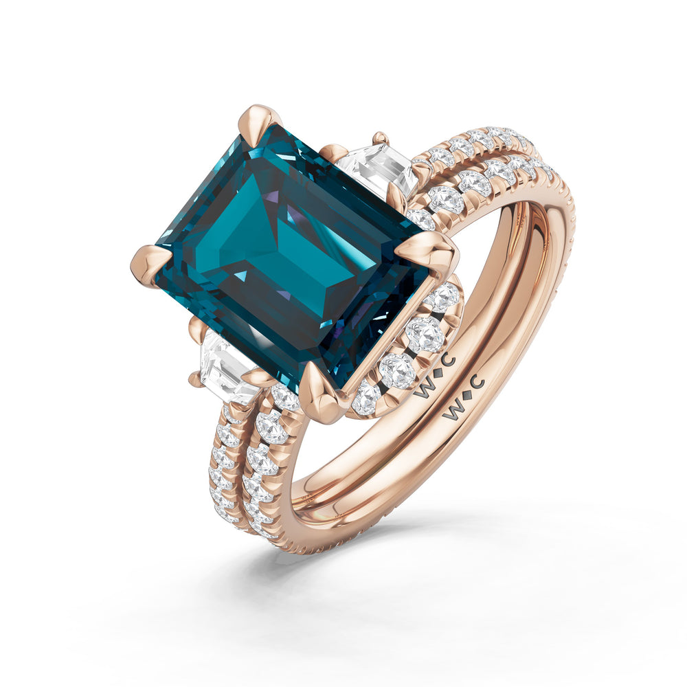 The Trilume Diamond Wedding Band with Created London Blue Topaz Cut Diamond in 14KT Rose Gold view 3
