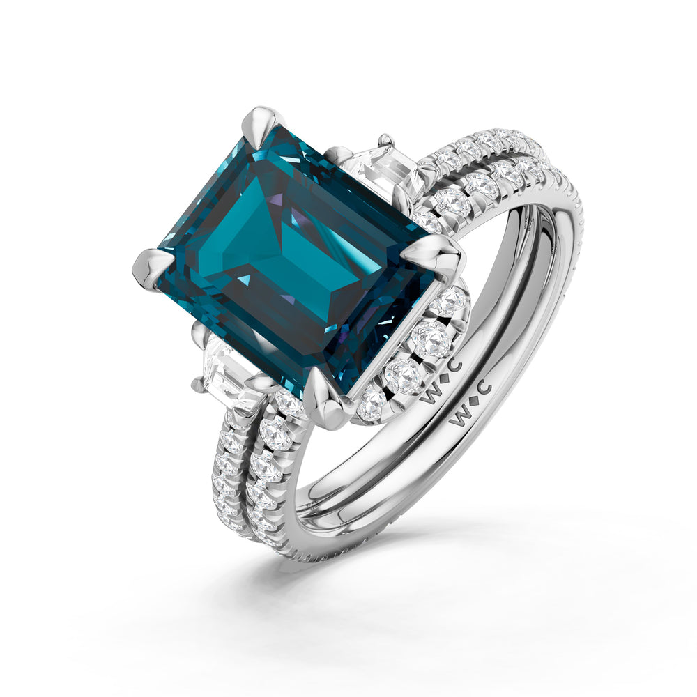 The Trilume Diamond Wedding Band with Created London Blue Topaz Cut Diamond in 14KT Platinum view 3
