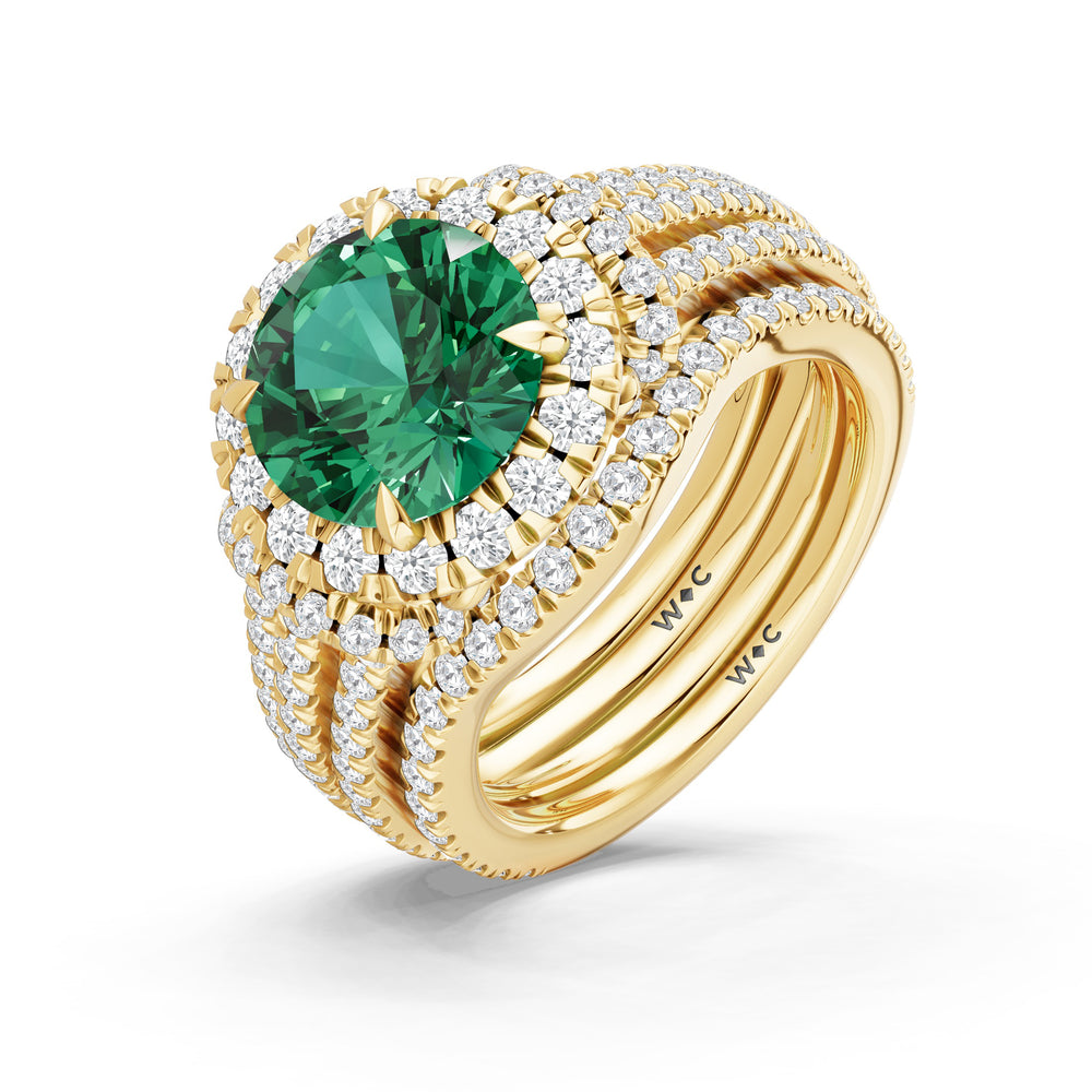 The Azurine Diamond Wedding Band with Created Emerald Cut Diamond in 14KT Yellow Gold view 3
