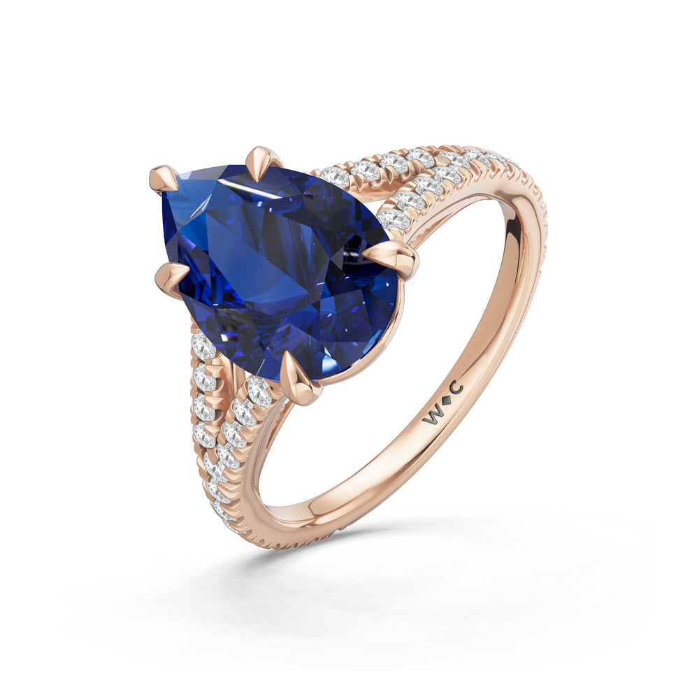 The Celestia Ring with Created Blue Sapphire Cut Diamond in 14KT Rose Gold view 3
