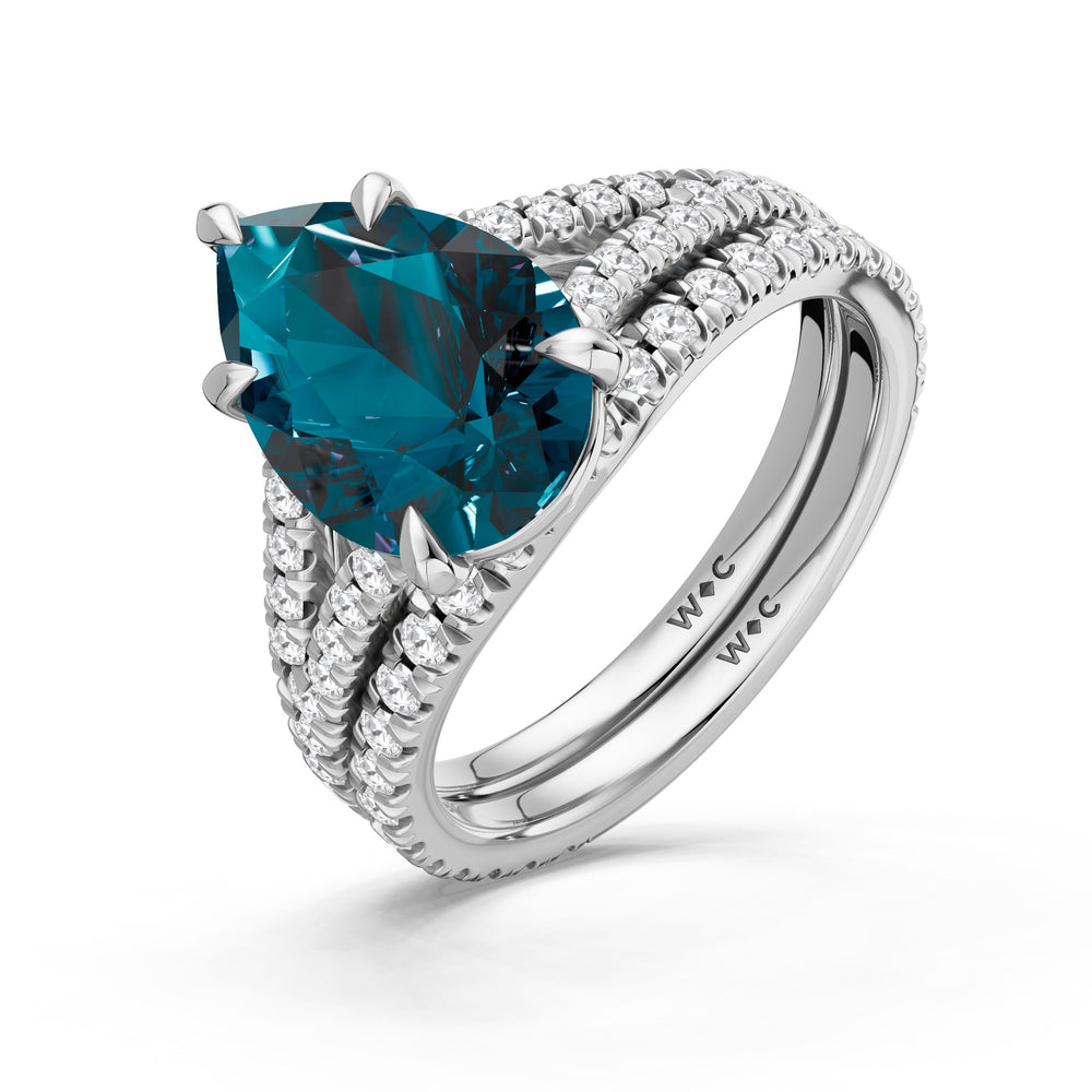 The Celestia Diamond Wedding Band with Created London Blue Topaz Cut Diamond in 14KT Platinum view 3
