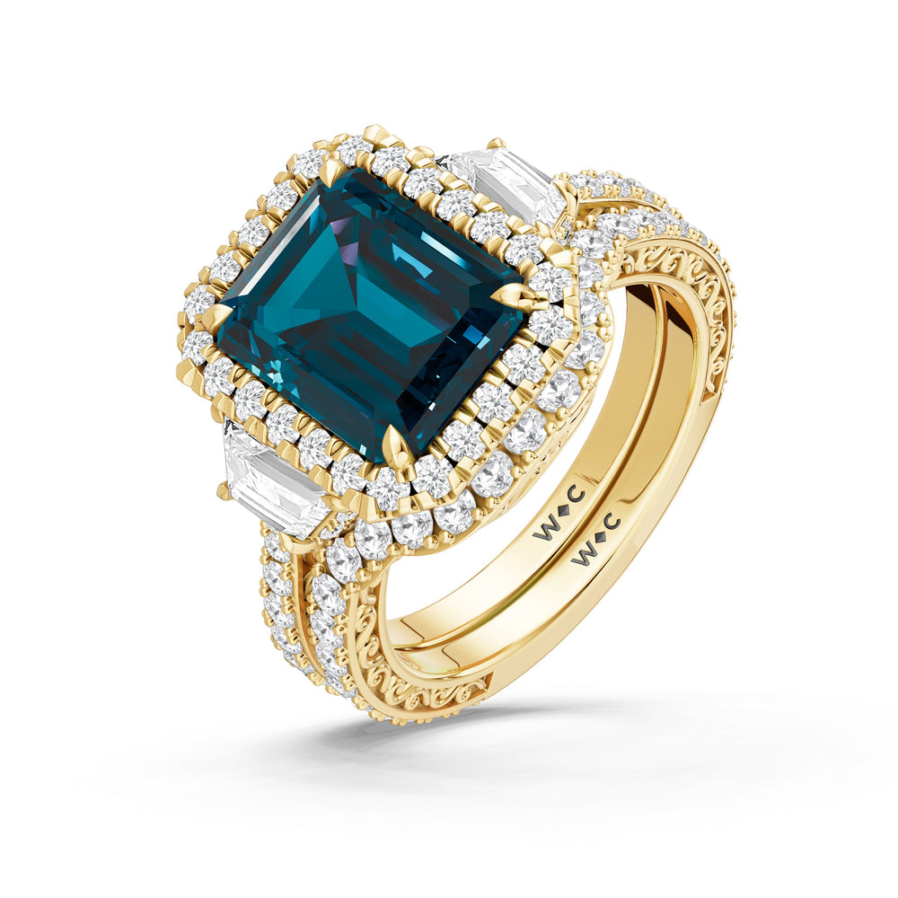 The Nocturne Diamond Wedding Band with Created London Blue Topaz Cut Diamond in 14KT Yellow Gold view 3
