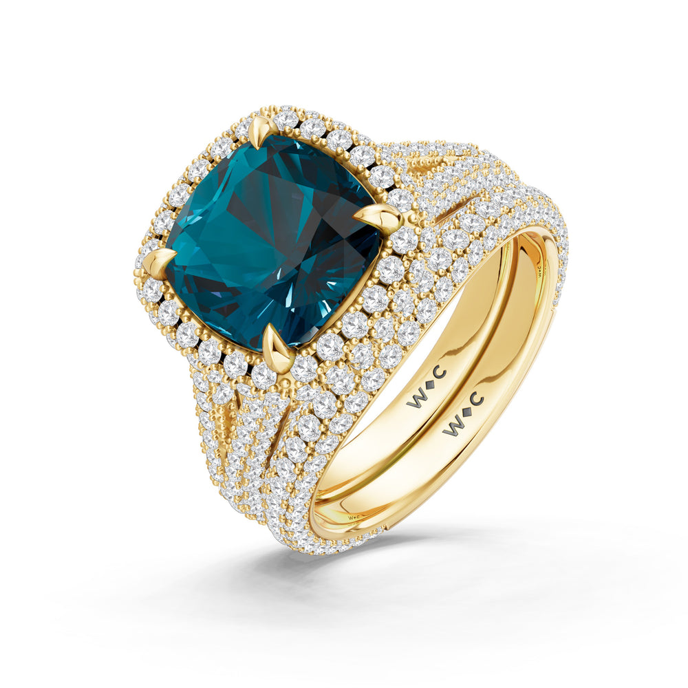 The Viridalis Diamond Wedding Band with Created London Blue Topaz Cut Diamond in 14KT Yellow Gold view 3
