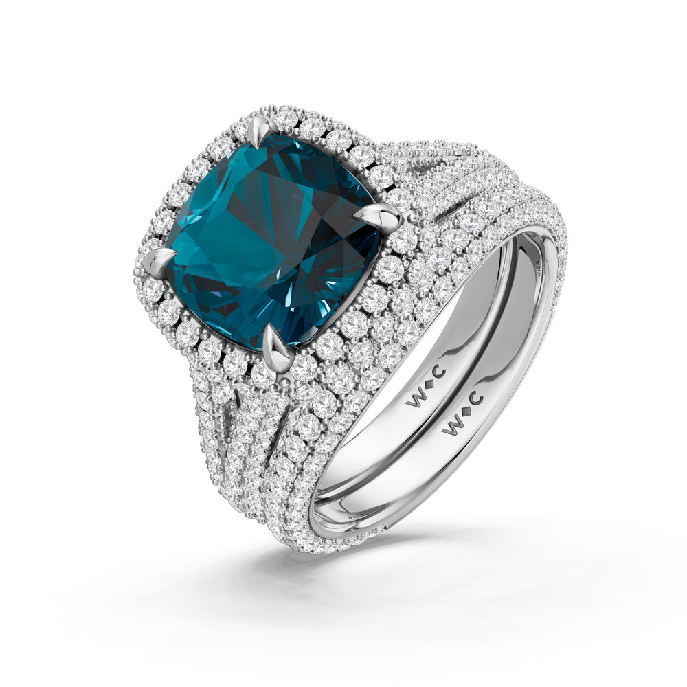The Viridalis Diamond Wedding Band with Created London Blue Topaz Cut Diamond in 14KT Platinum view 3
