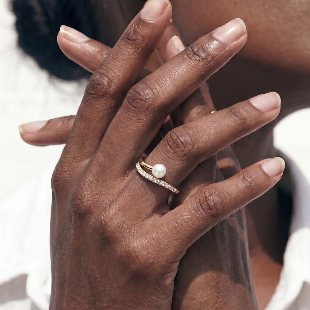 Pearl Contour Ring with Sterling Silver / Lab / 1/5 Cut Diamond in 14KT Sterling Silver / Lab / 1/5 view 2
