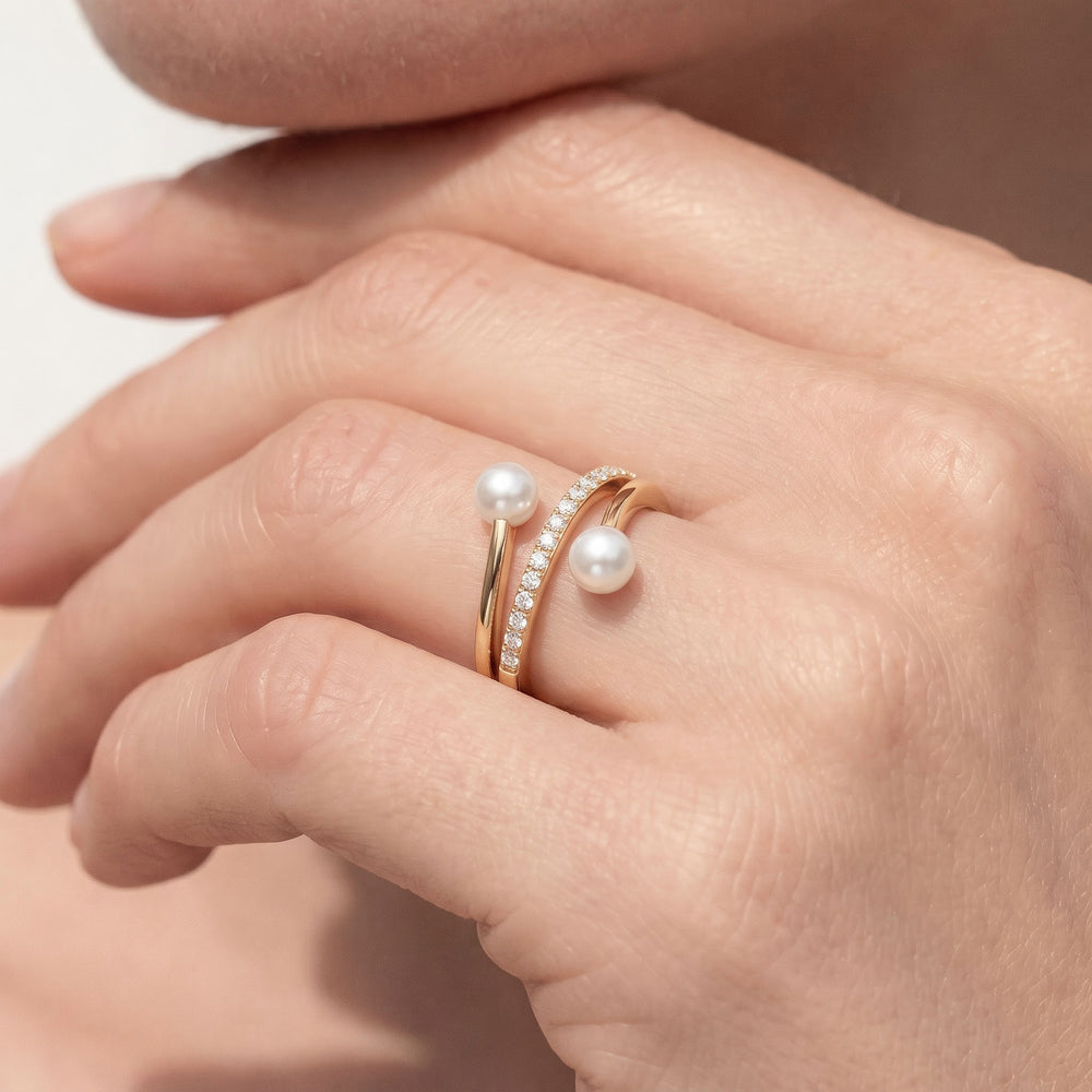 Pearl Bypass Ring with Sterling Silver / Lab / 1/5 Cut Diamond in 14KT Sterling Silver / Lab / 1/5 view 2
