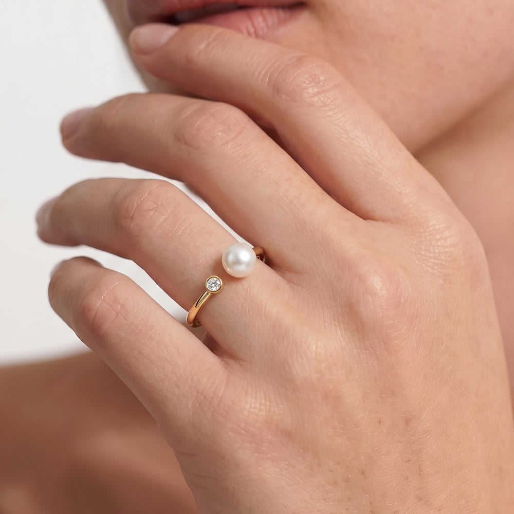 Pearl Cuff Ring with 14KT Yellow Gold / Lab / 1/20 Cut Diamond in 14KT Yellow Gold / Lab / 1/20 view 2

