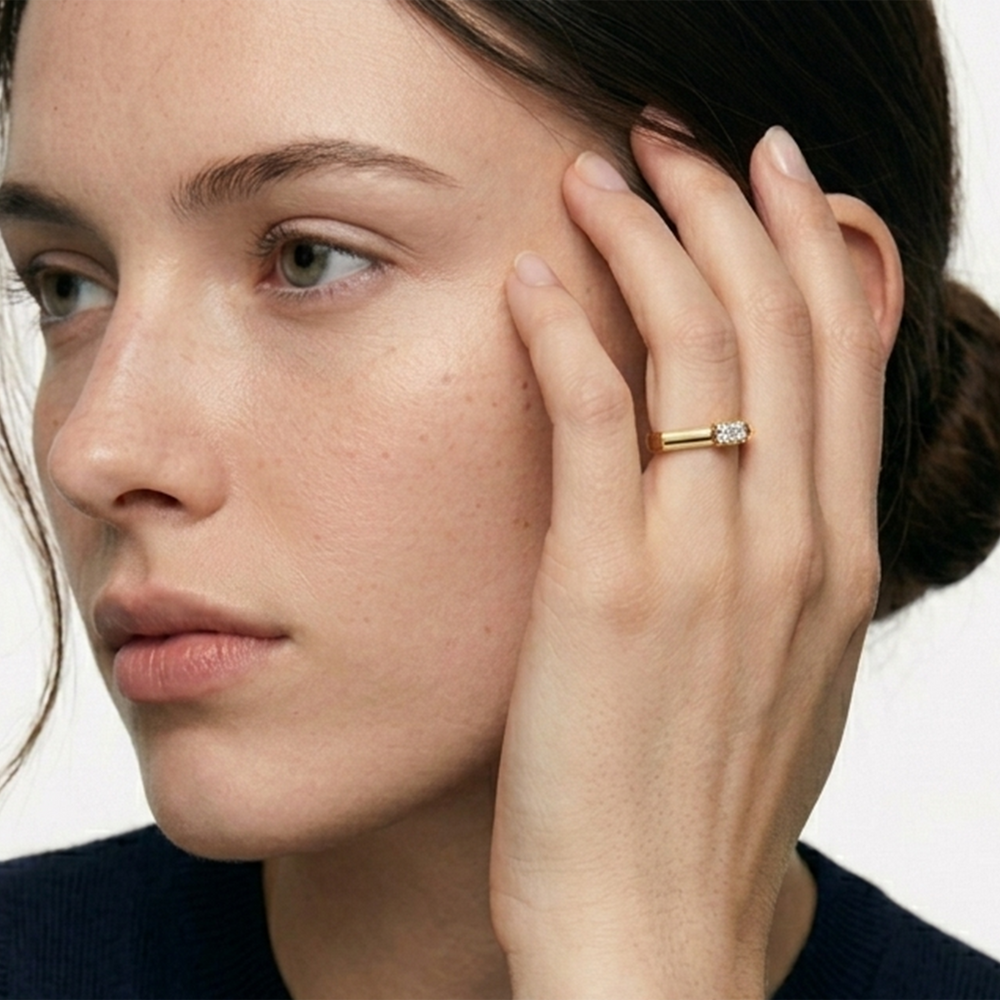 Model Wearing The Scottie Emerald Stacker Ring view