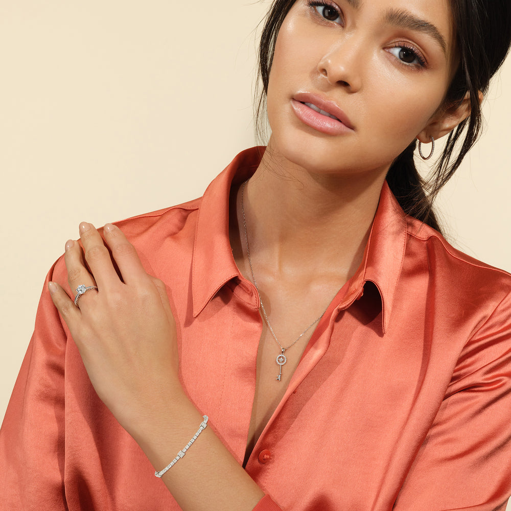 Model Wearing Bezeled Princess Station with Emeralds Tennis Bracelet view