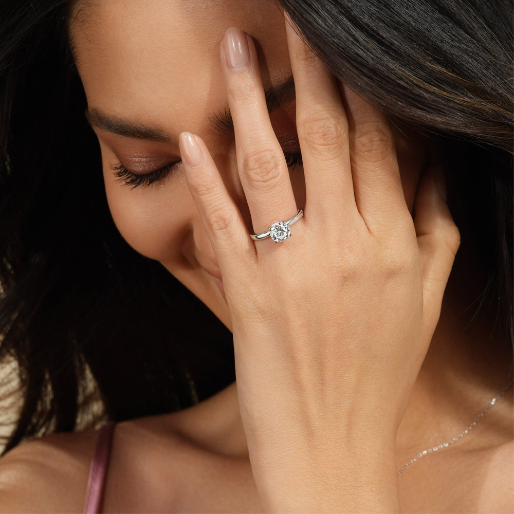 Model Wearing Kite Basket Four Prong Solitaire Engagement Ring with Lab Grown Diamond view
