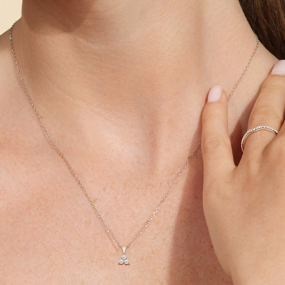 Model Wearing Lab Diamond Three Stone Cluster Pendant view