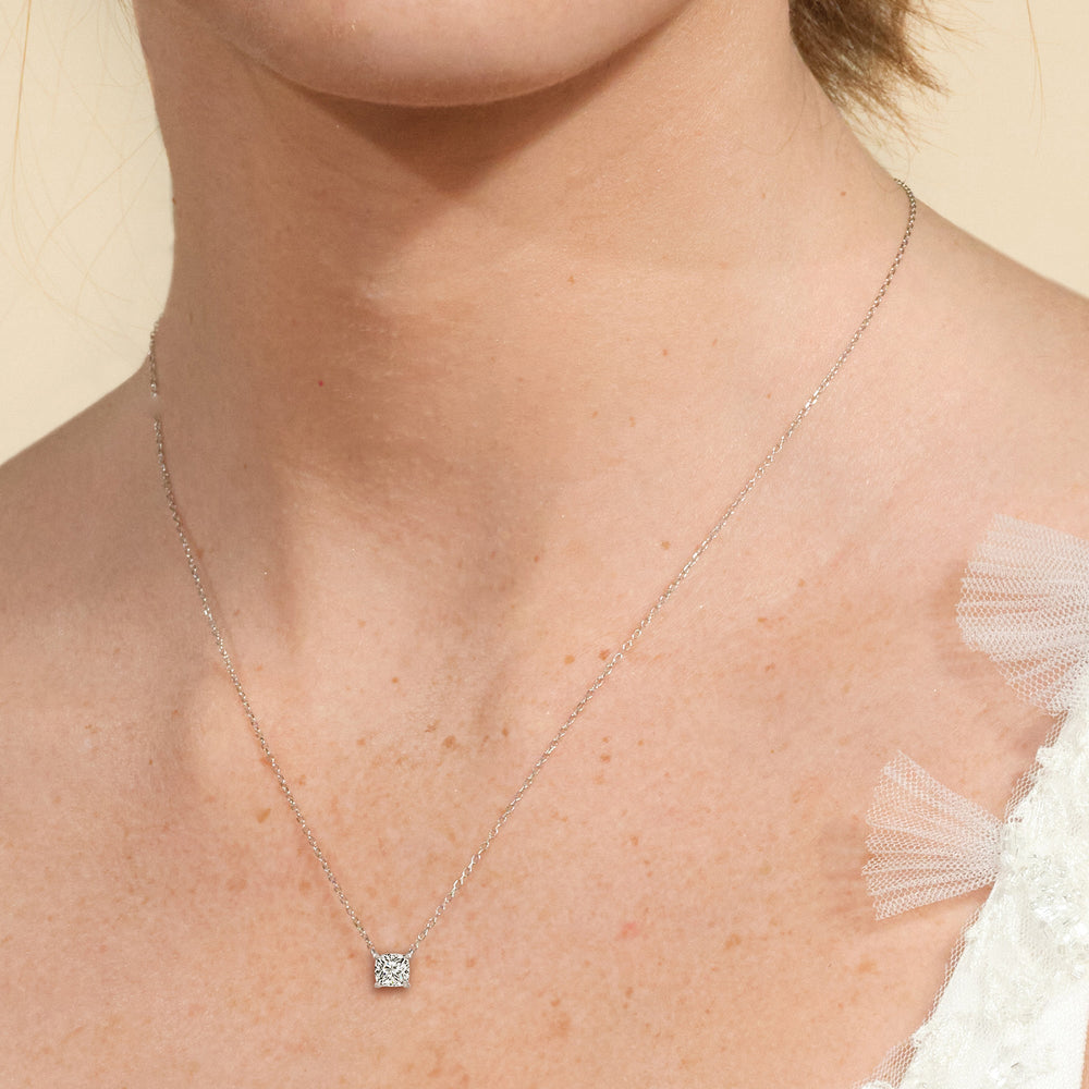 4 Prong Basket Lab Created Diamond Cushion Solitaire Necklace with Lab Cut Diamond in 14KT White Gold view 2
