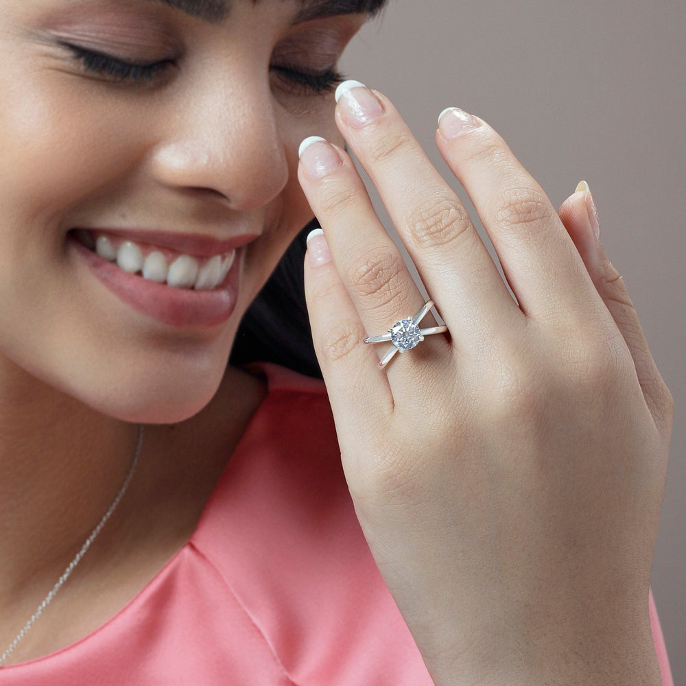 Model Wearing Crisscross Diamond Engagement Ring with Lab Grown Diamond view