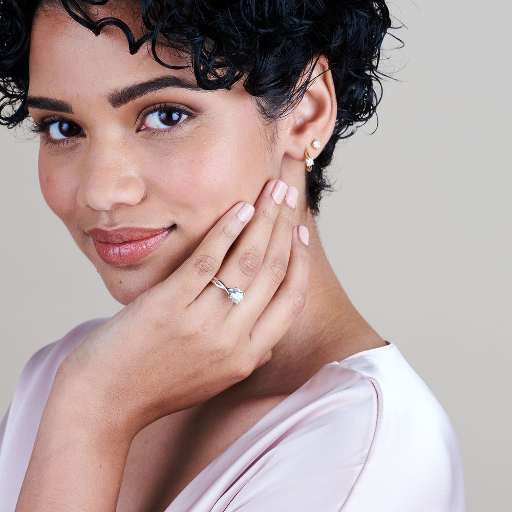 Model Wearing Cathedral Twist Diamond Engagement Ring with Lab Grown Diamond view