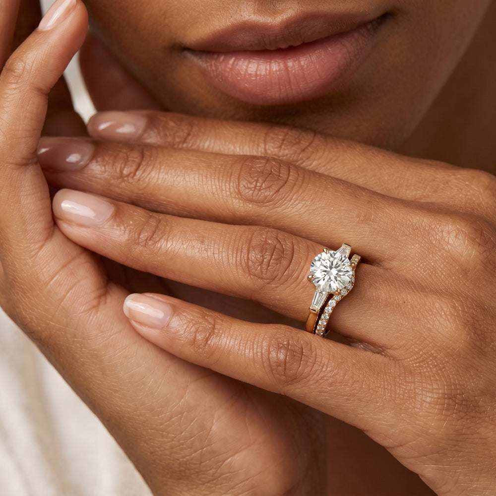 Elegance Baguette Three Stone Diamond Wedding Band with 18KT Rose Gold Cut Diamond in 14KT Rose Gold view 3
