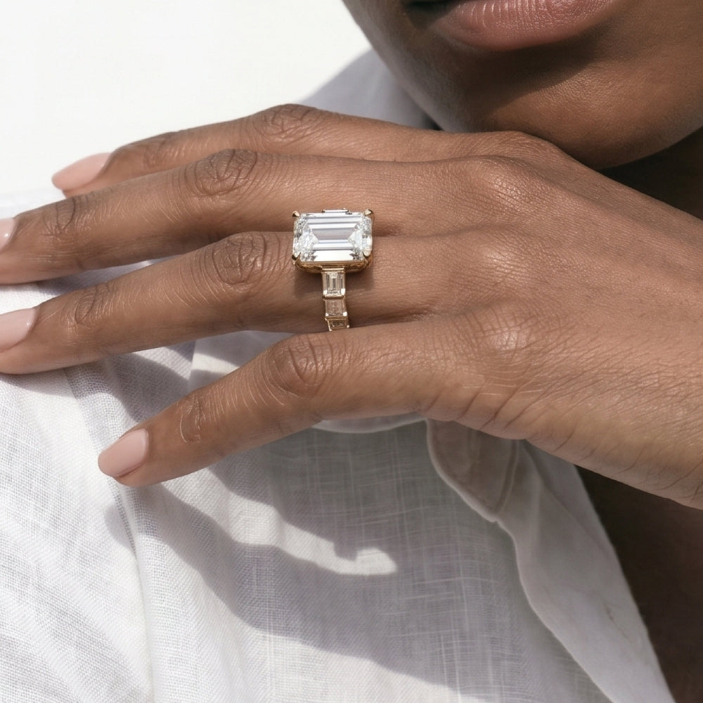 Elegance Two Row Baguette Studded Engagement Ring with Emerald Cut Diamond in 14KT Platinum view 3
