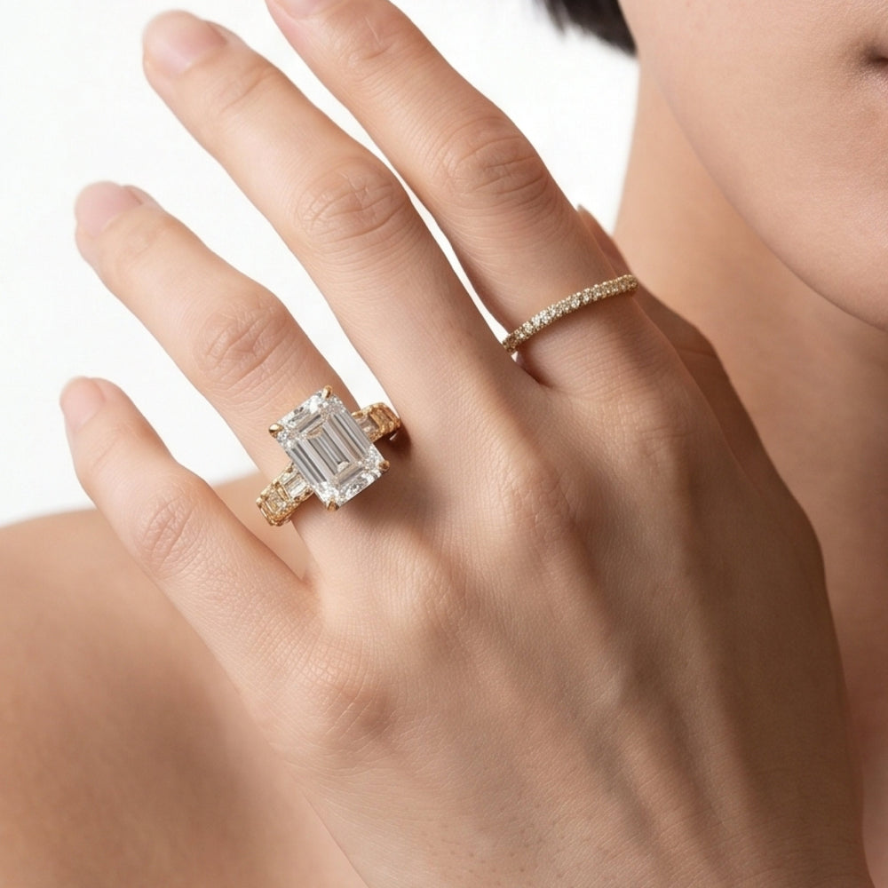Elegance Two Row Baguette Studded Engagement Ring with Princess Cut Diamond in 14KT Platinum view 5
