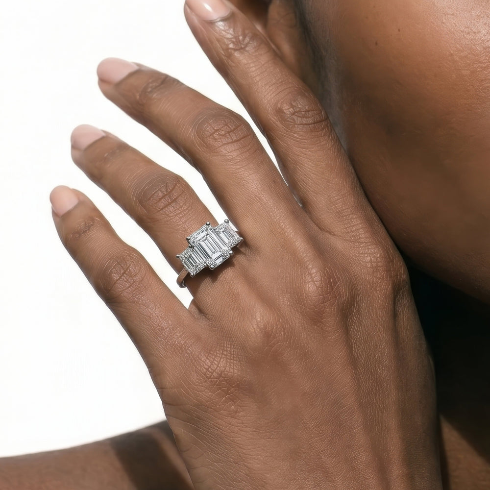 Cushion Cut Three Stone Hidden Accent Bridge Classic Diamond Engagement Ring with Lab Grown Diamond in 14KT Platinum view 2
