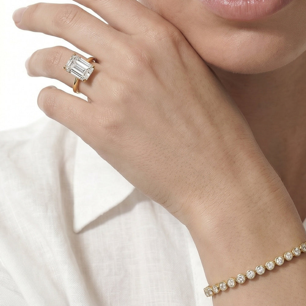 Emerald Cut Poise Basket Diamond Engagement Ring with Lab Grown Diamond in 14KT Yellow Gold view 3
