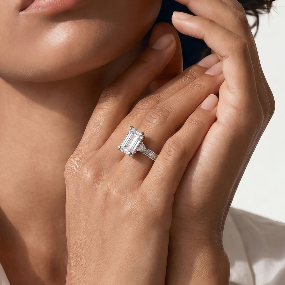The Seraphine Trillion Three Stone Ring with Elongated Cushion Cut Diamond in 14KT Yellow Gold view 3
