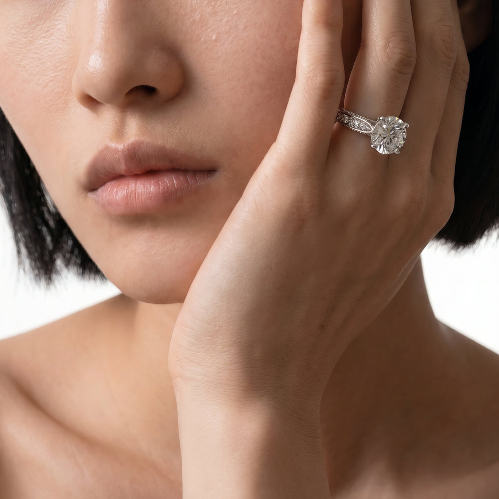 Emerald Cut Vintage Hidden Halo Chevron Engagement Ring with Lab Grown Diamond in 14KT Platinum view 2
