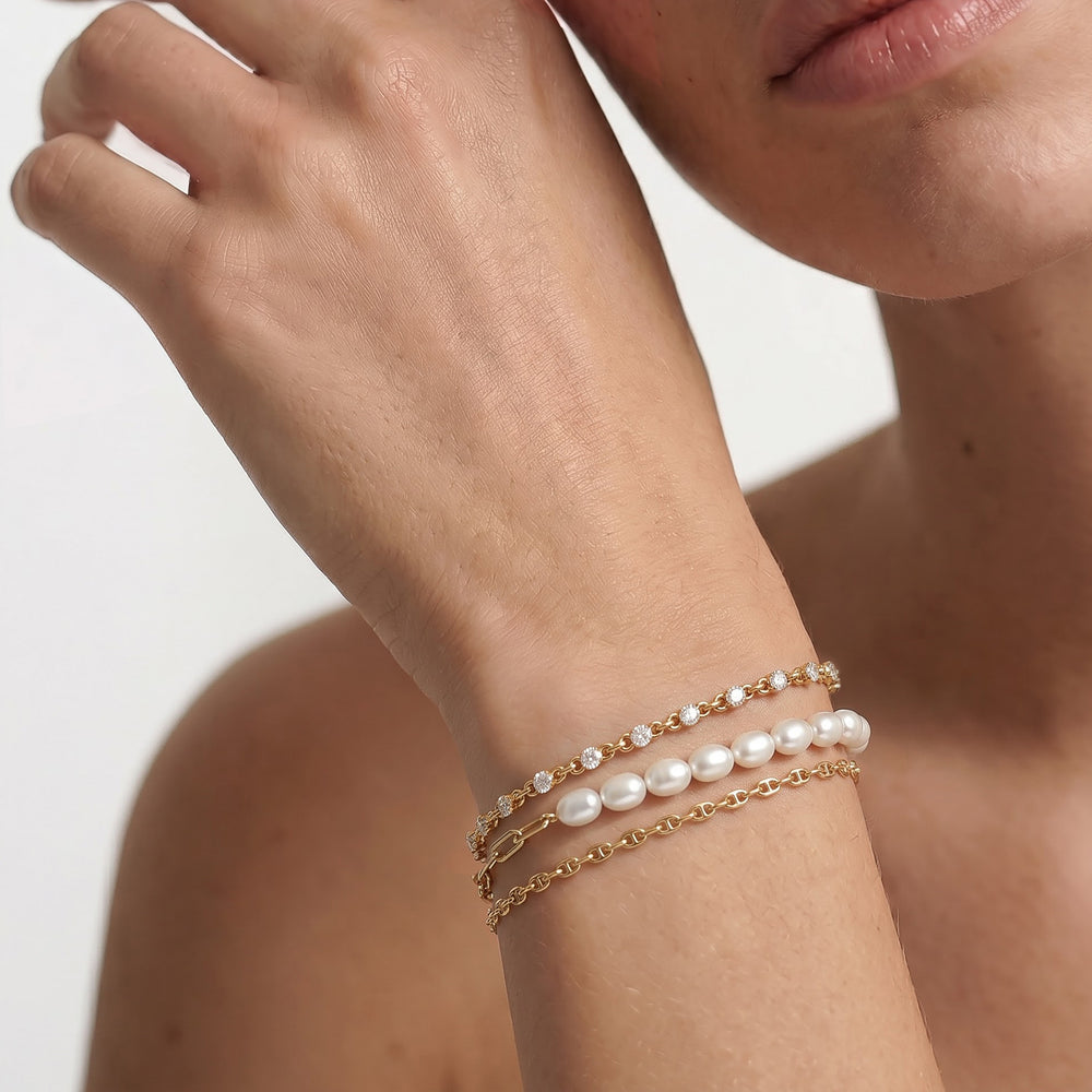 Pearl Paperclip Chain Bracelet with Sterling Silver Cut Diamond in 14KT Sterling Silver view 3

