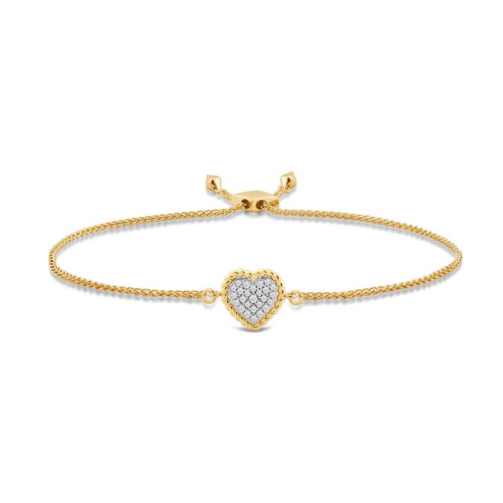 Rope Outline Pave Heart Bolo Bracelet with Lab Cut Diamond in 14KT Yellow Gold view 1
