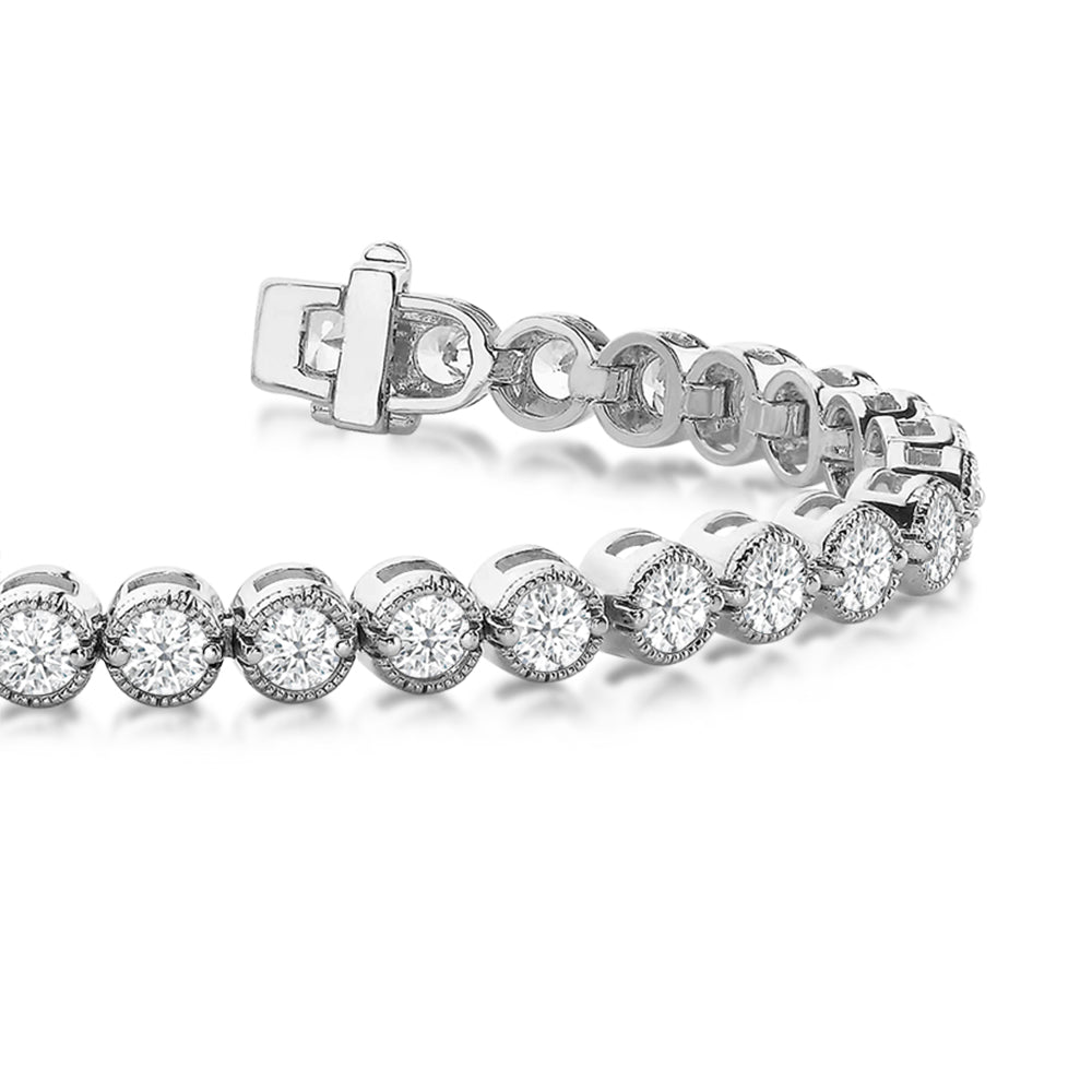 Round Lab Diamond Milgrain Tennis Bracelet with 4 Cut Diamond in 14KT White Gold view 2
