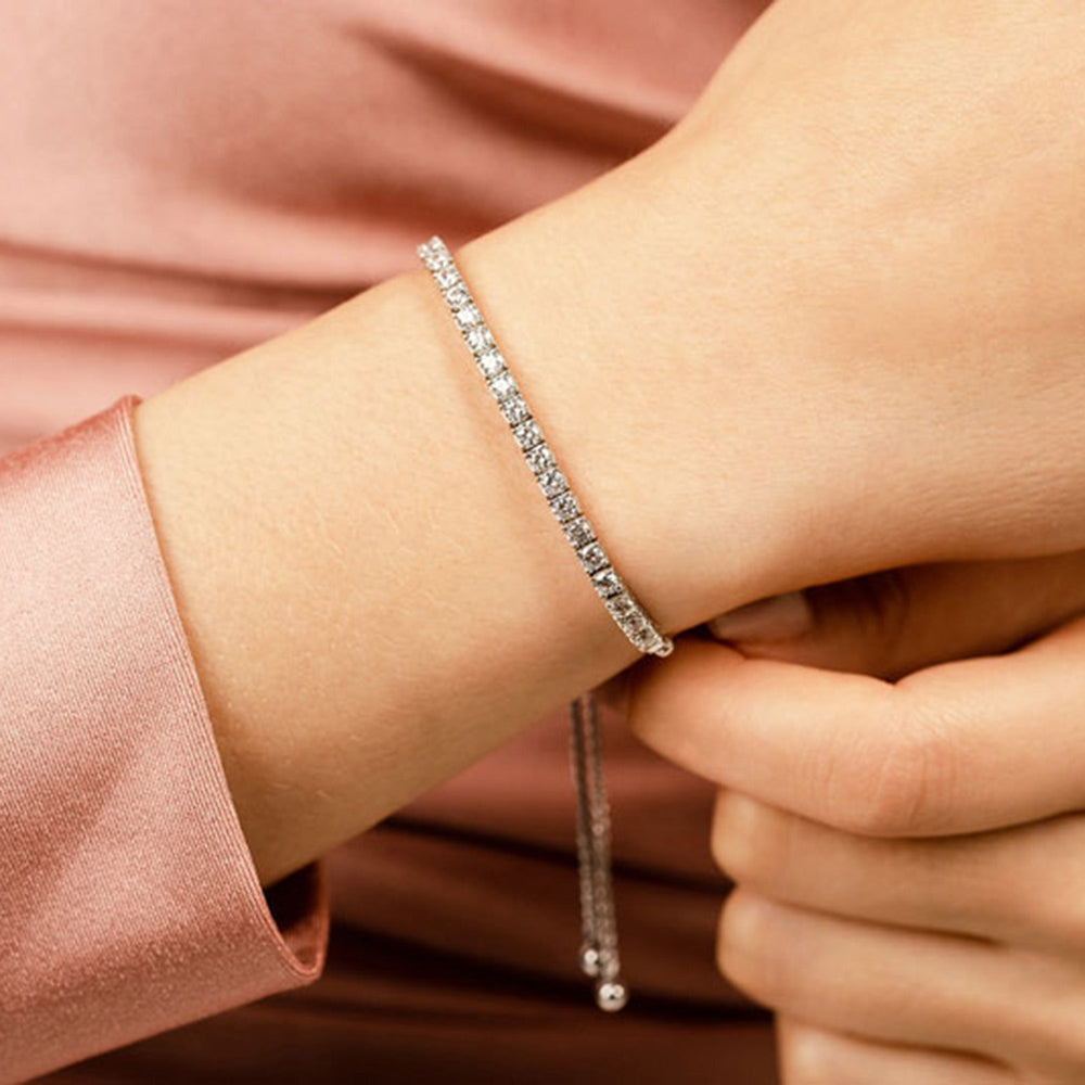 Model Wearing Adjustable Square Basket Diamond Bolo Bracelet view