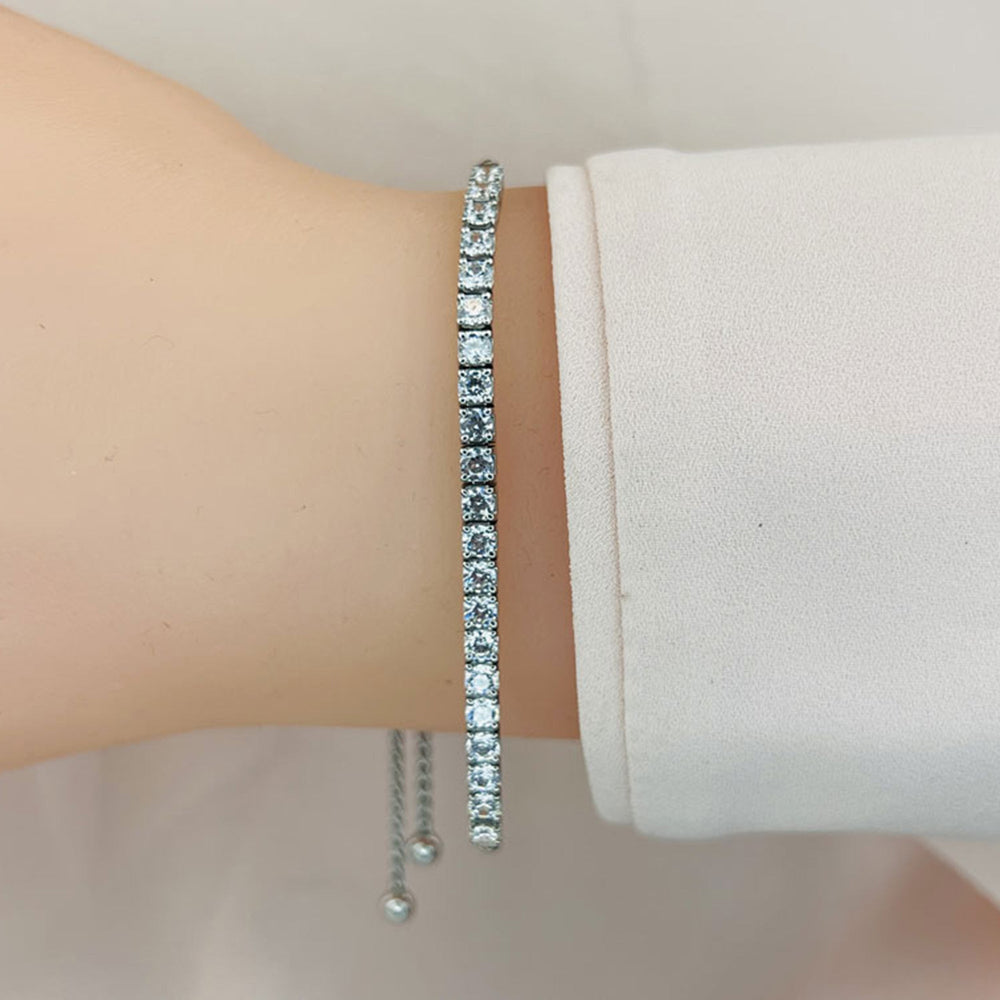 Model Wearing Adjustable Square Basket Diamond Bolo Bracelet view