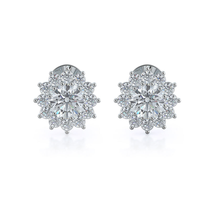 Flower Halo Diamond Earrings with 14KT White Gold / Natural / 3/4 Cut Diamond in 14KT White Gold / Natural / 3/4 view 1
