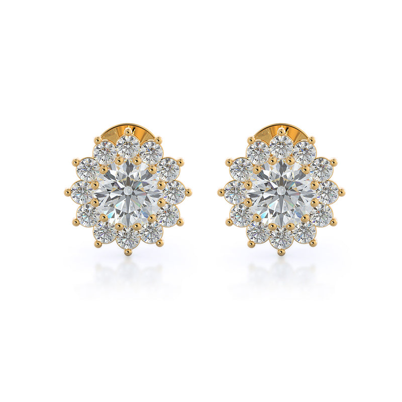 Flower Halo Diamond Earrings with 14KT Yellow Gold / Natural / 3/4 Cut Diamond in 14KT Yellow Gold / Natural / 3/4 view 1
