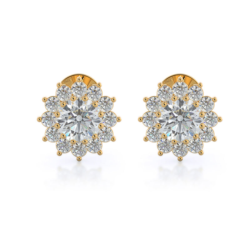 Flower Halo Diamond Earrings with 14KT Yellow Gold / Natural / 1 1/2 Cut Diamond in 14KT Yellow Gold / Natural / 1 1/2 view 1

