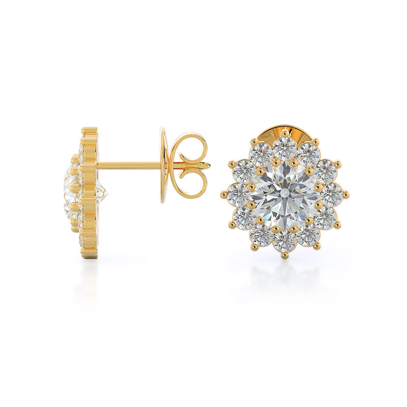 Flower Halo Diamond Earrings with 14KT Yellow Gold / Natural / 3/4 Cut Diamond in 14KT Yellow Gold / Natural / 3/4 view 2
