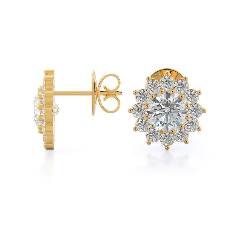 Flower Halo Diamond Earrings with 14KT Yellow Gold / Natural / 1 1/2 Cut Diamond in 14KT Yellow Gold / Natural / 1 1/2 view 2
