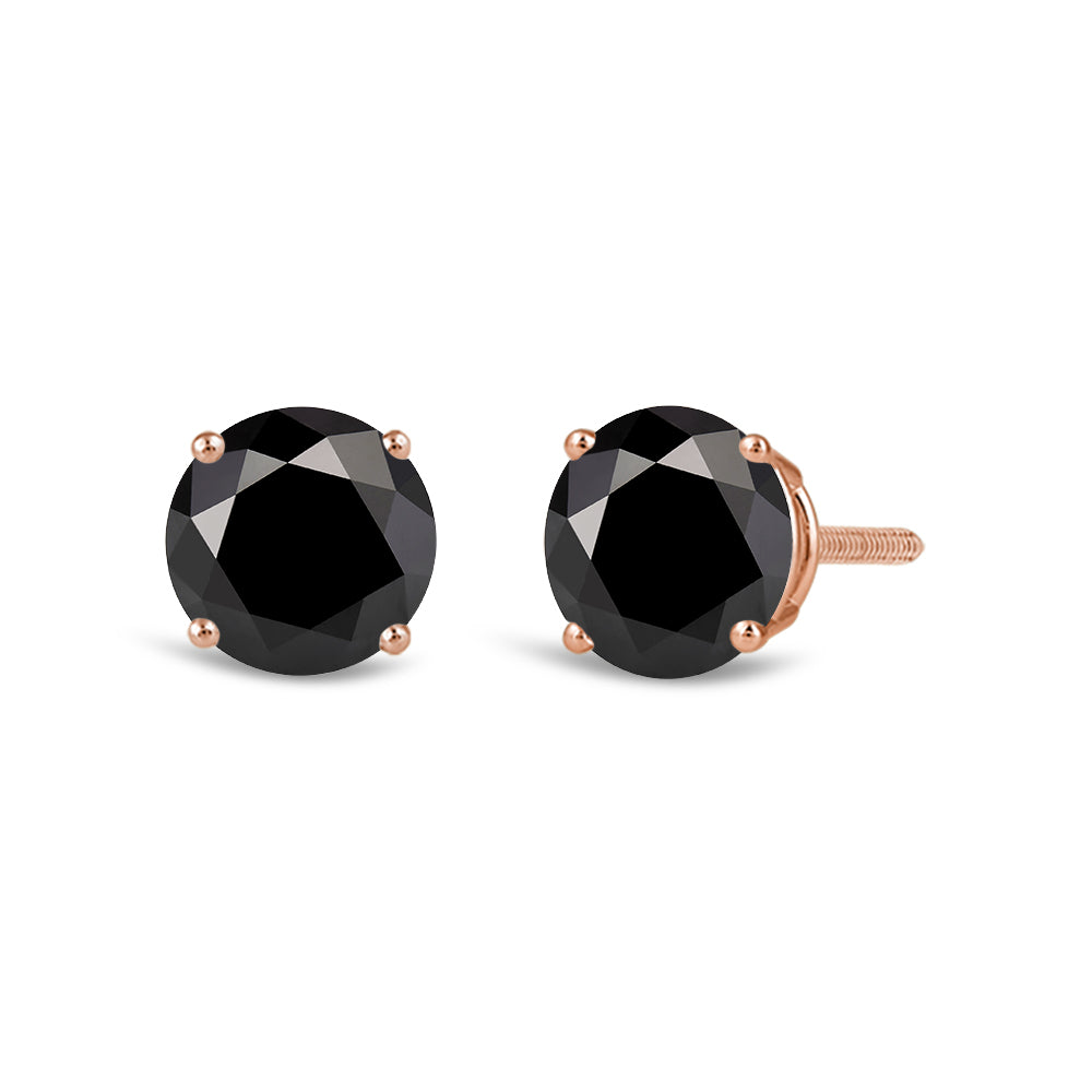 Classic Round Natural Black Diamond Four Prong Stud Earrings with 14KT Rose Gold / 2 Cut Diamond in 14KT Rose Gold / 2 view 1
