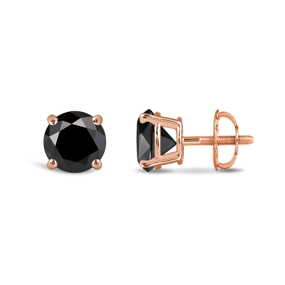 Classic Round Natural Black Diamond Four Prong Stud Earrings with 14KT Rose Gold / 1 Cut Diamond in 14KT Rose Gold / 1 view 4

