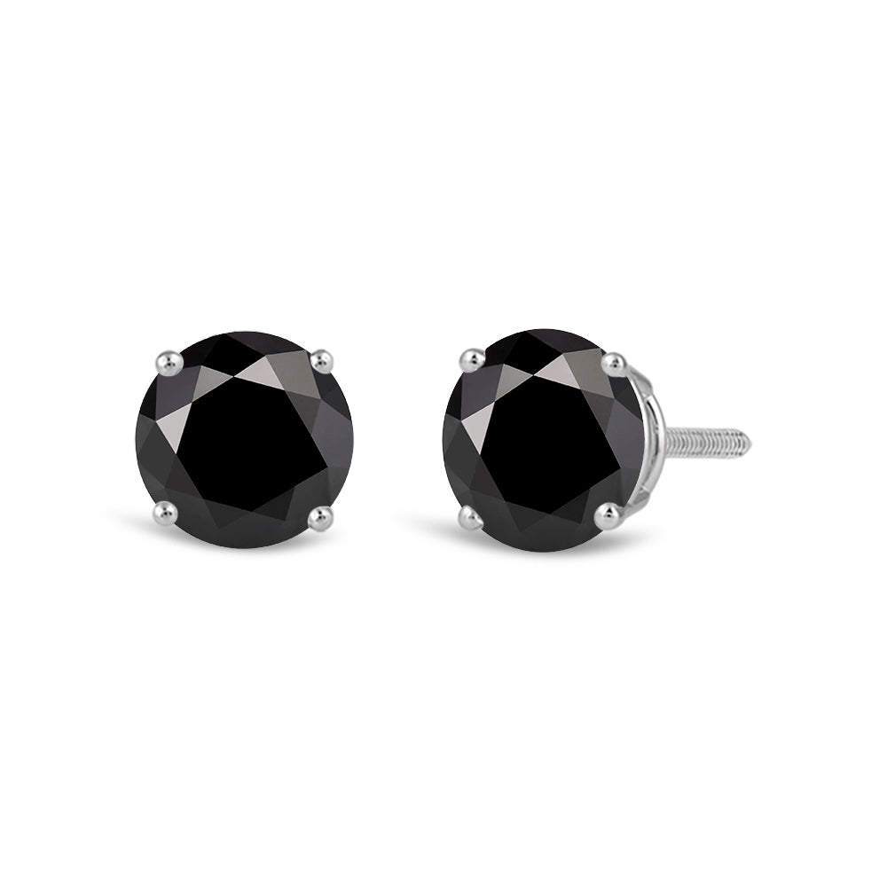 Classic Round Natural Black Diamond Four Prong Stud Earrings with 14KT White Gold / 2 Cut Diamond in 14KT White Gold / 2 view 1
