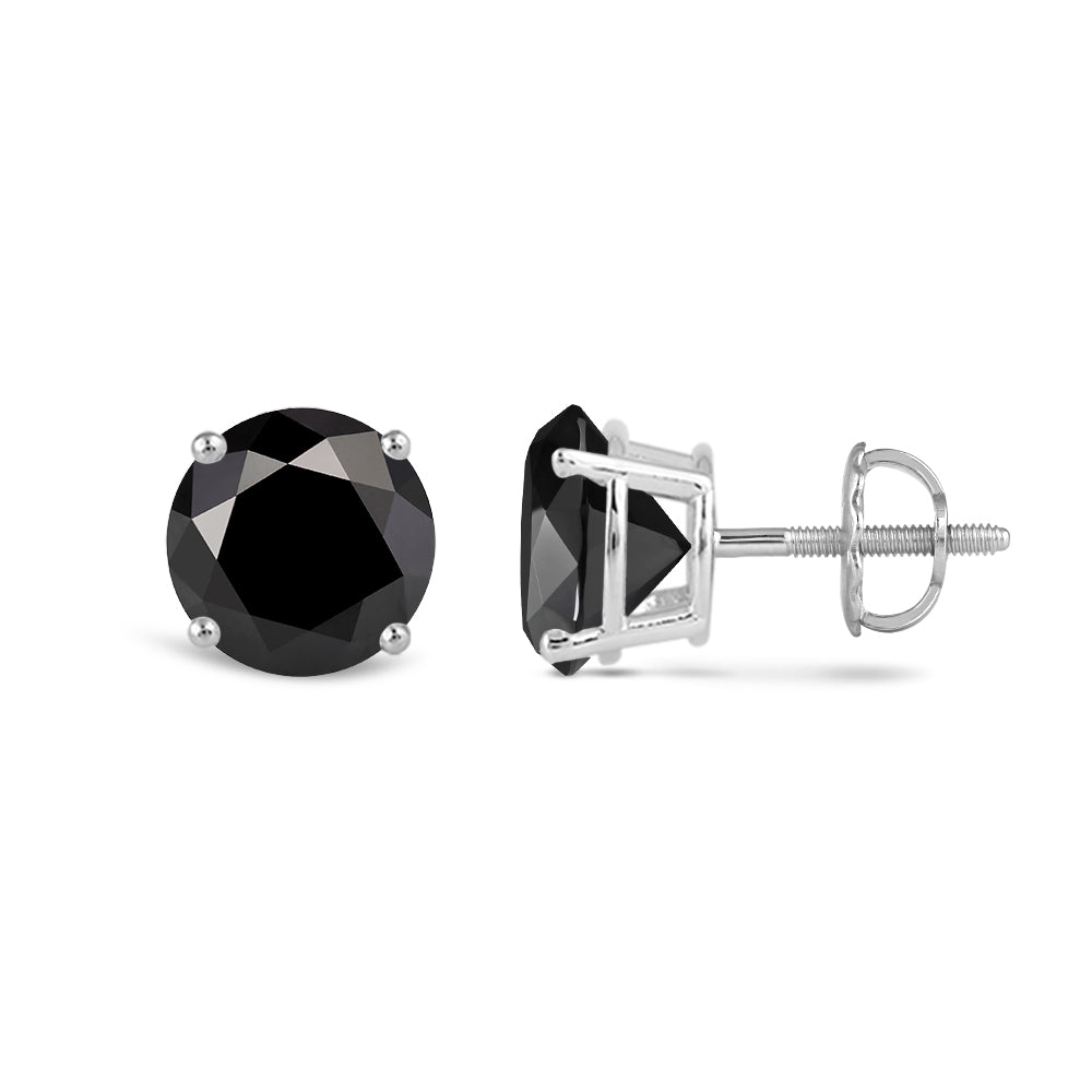 Classic Round Natural Black Diamond Four Prong Stud Earrings with 14KT White Gold / 2 Cut Diamond in 14KT White Gold / 2 view 4
