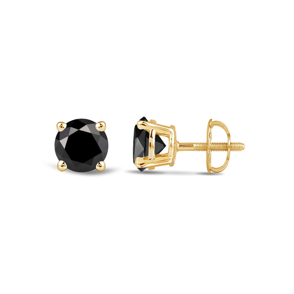 Classic Round Natural Black Diamond Four Prong Stud Earrings with 14KT Yellow Gold / 1/2 Cut Diamond in 14KT Yellow Gold / 1/2 view 4
