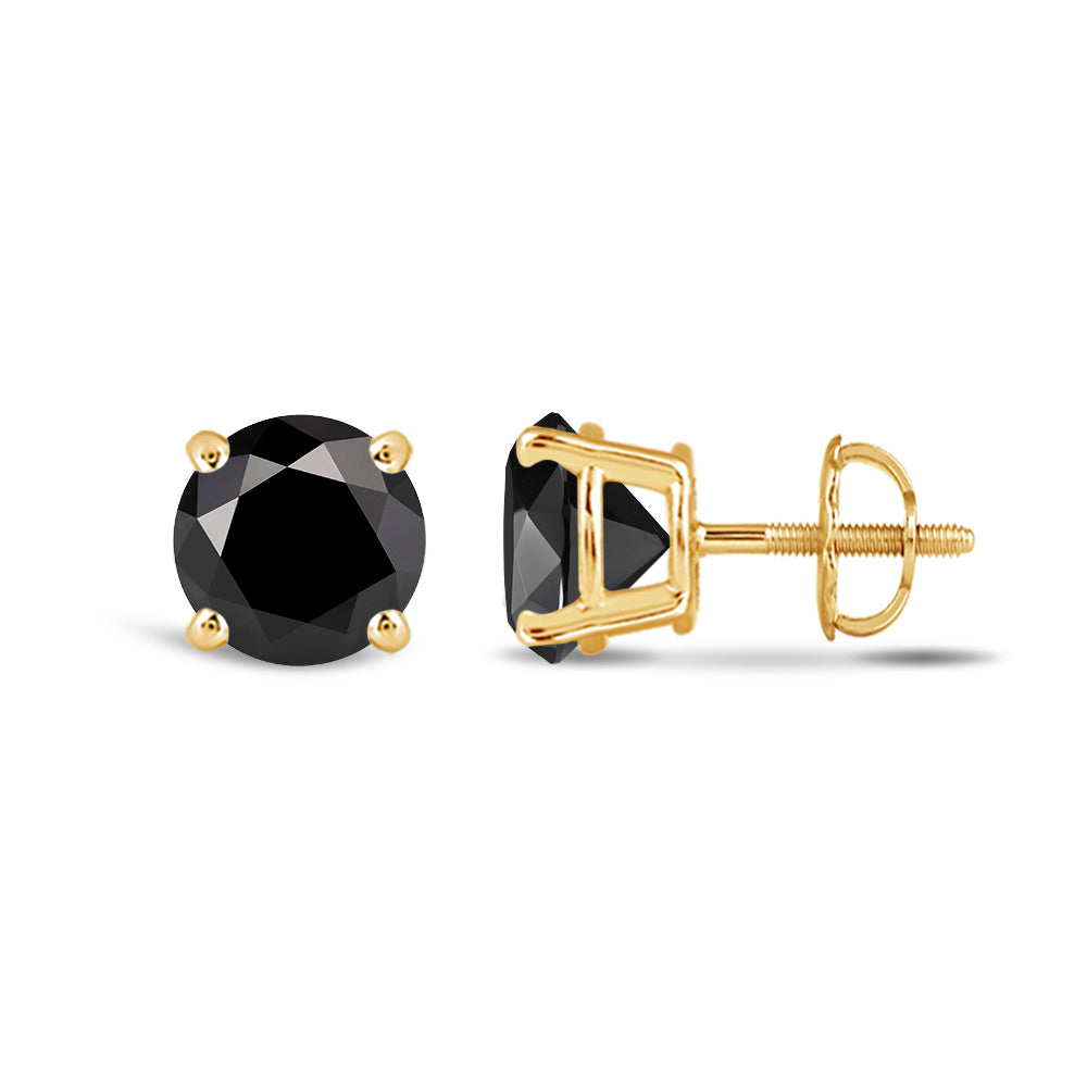 Classic Round Natural Black Diamond Four Prong Stud Earrings with 14KT Yellow Gold / 1 1/2 Cut Diamond in 14KT Yellow Gold / 1 1/2 view 4
