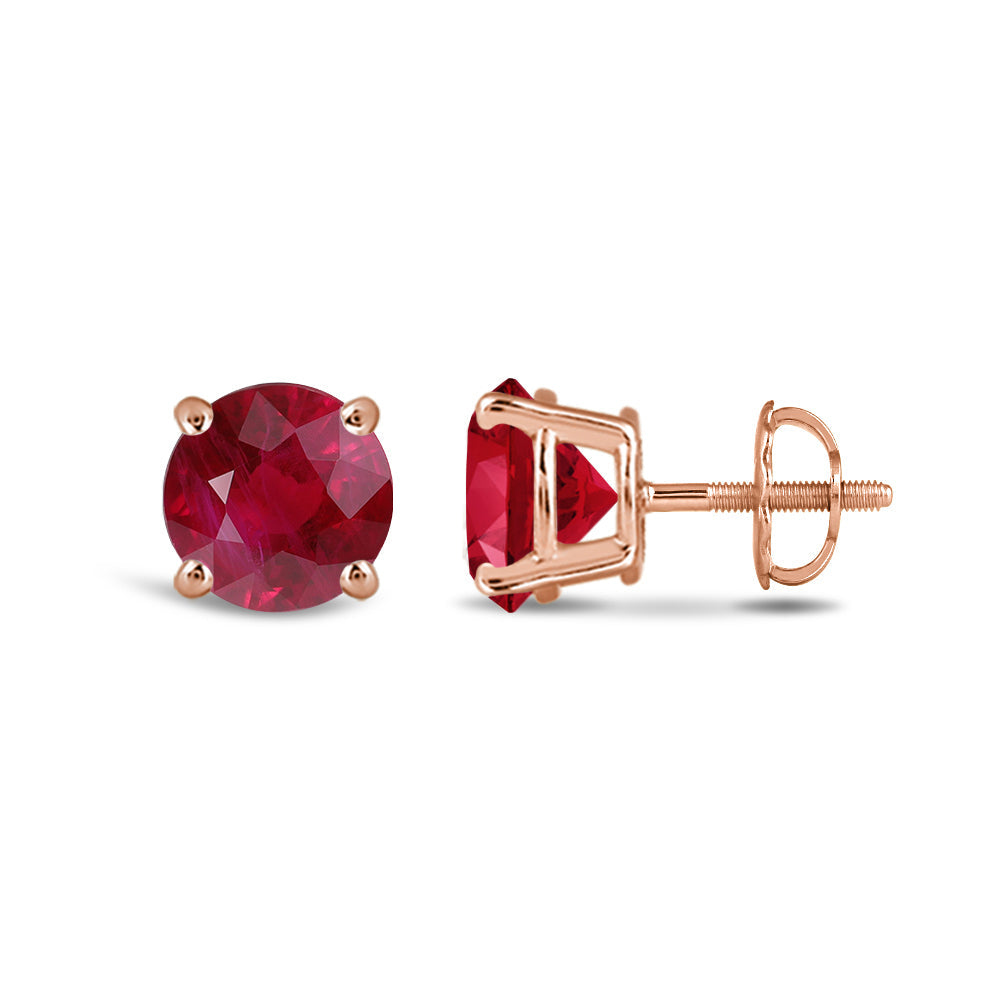 Classic Round Natural Ruby Four Prong Stud Earrings with 6 Cut Diamond in 14KT Rose Gold view 2
